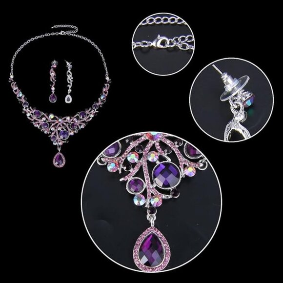EVER FAITH Deluxe Purple Teardrop Crystal Pendant Necklace Earrings Set - Picture 4 of 6